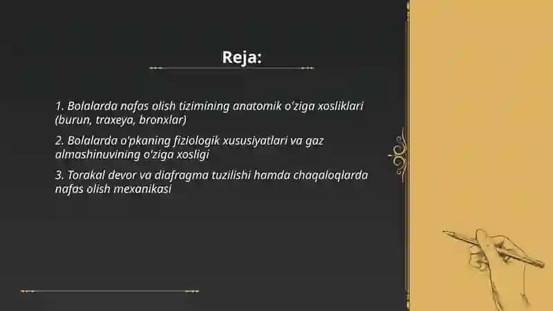 Bolalarda nafas olish tizimining anatoma fiziologik hususiyatlari, embriogenezi embropatiyasi. Birinchi nafas olish mexanizmi 2