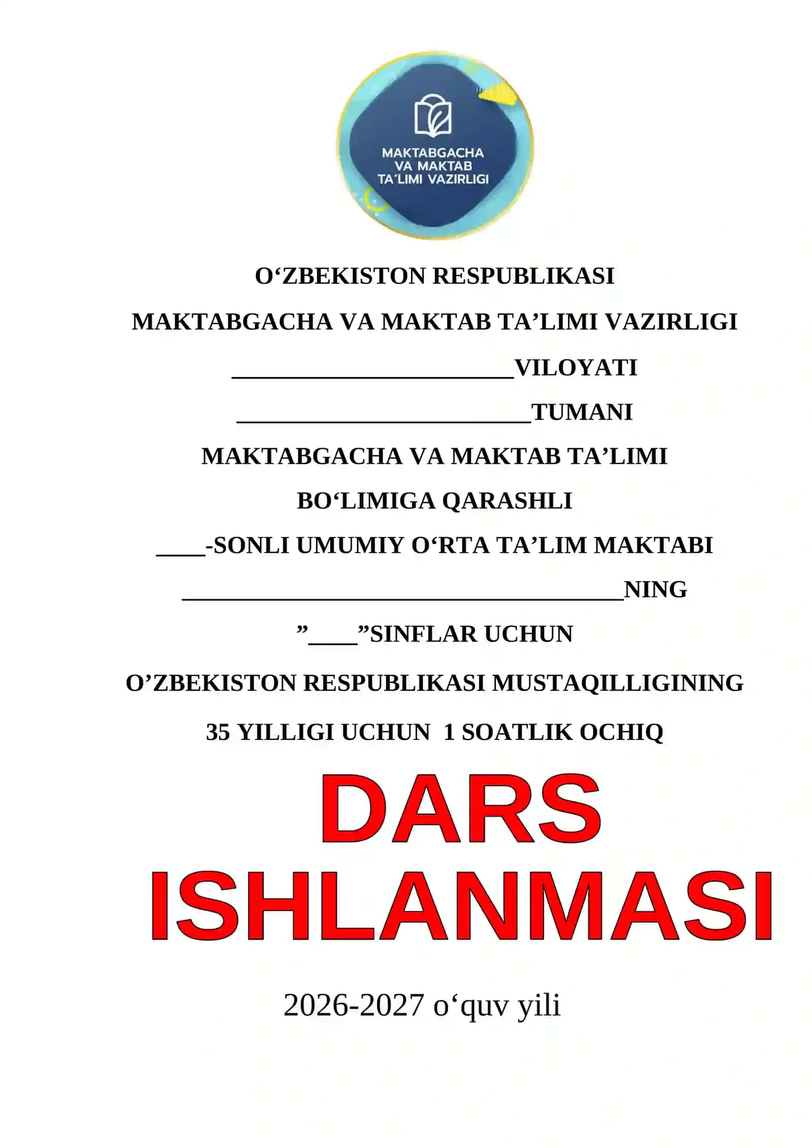 2026-2027 o quv yili 1-sinf Mustaqillik dars ishlanmasi 2