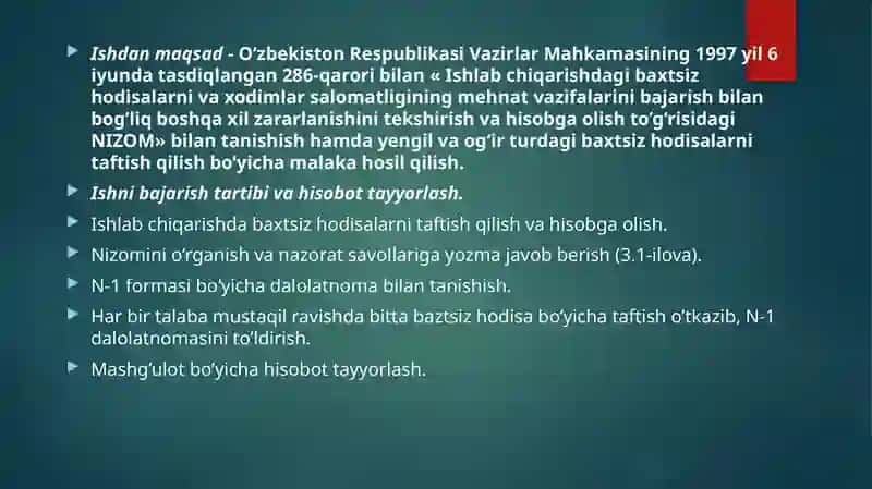 ISHLABCHIQARISHDA BAXTSIZ VA ISHLOVCHILAR SOG‘LIG‘IGA ZARAR KELTIRUVCHI BOSHQA HODISALARNI TAFTISH QILISH VA KERAKLI HUJJATLARNI RASMIYLASHTIRISH 2