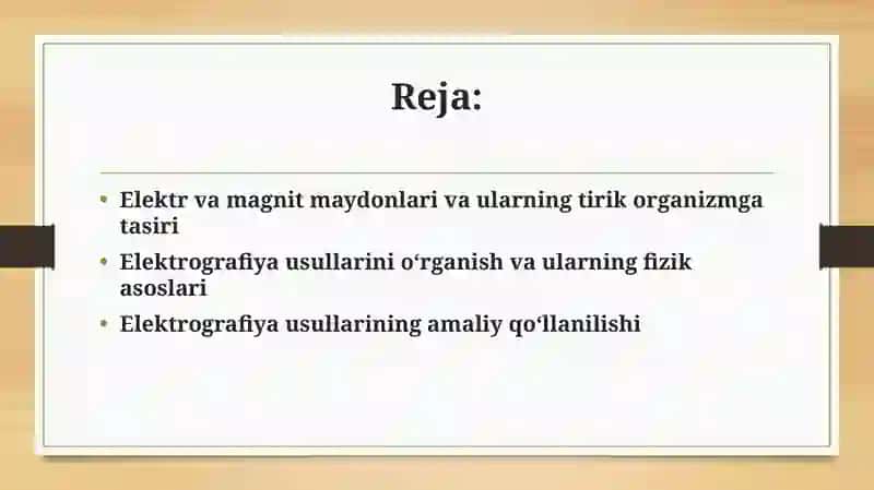 Elektr va magnit maydonlari va ularning trik organizmga tasiri.Elektrografiya usullarini fizik asoslarini o'rganish.(EKG,EEG,EMG,) 2