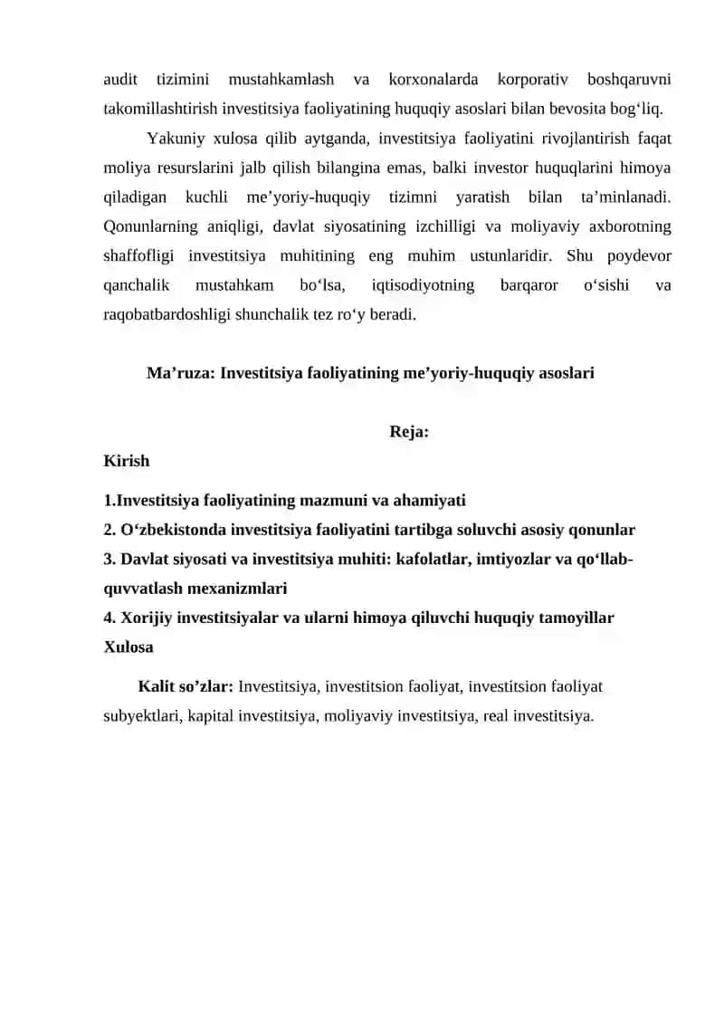 Investitsiya faoliyatining me’yoriy-huquqiy asoslari 2