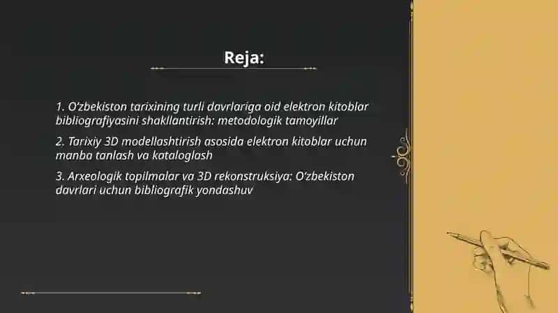 Oʻzbekiston tarixining turli davrlarida oid elektron kitoblar bibiliografiyasini shakllantirish. Tarixiy 3D modellashtirish 2