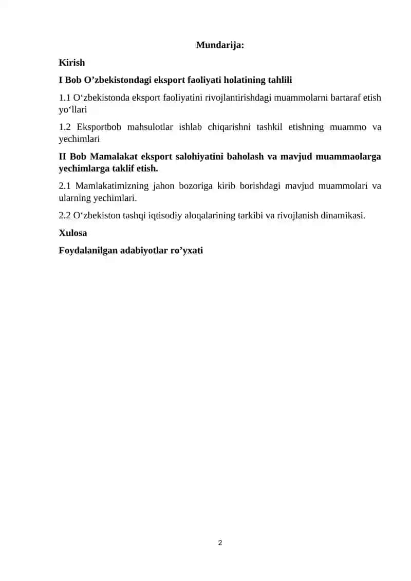 O'ZBEKISTON EKPORT FAOLIYATINI RIVOJLANTIRISHDAGI MUAMMOLAR VA ULARNI BARTARAF ETISH YO'LLARI 2