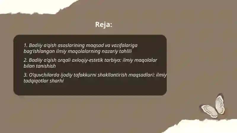 Badiiy oʻqish asoslarining maqsad va vazifalari ilmiy maqolalar bilan tanishish 2