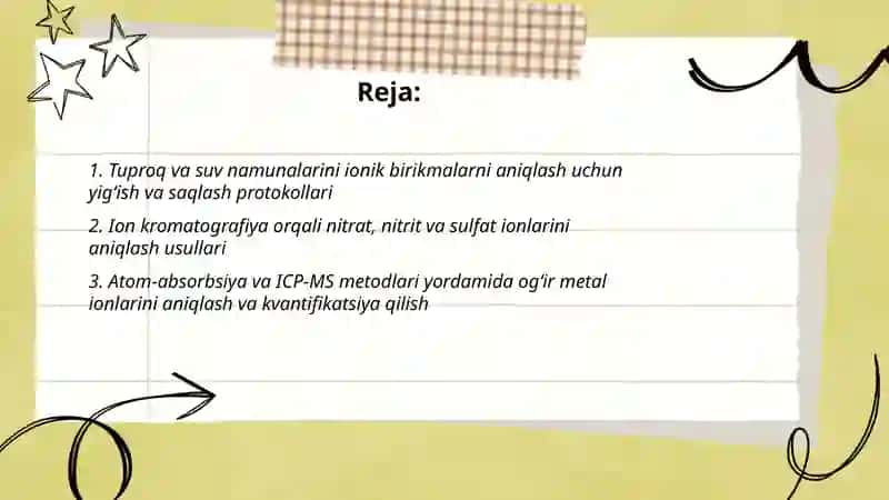 Tuproq va suvning ifloslanishida ion bogʻlanishli birikmalarni aniqlash ulardan tozalash usulini ishlab chiqish 2