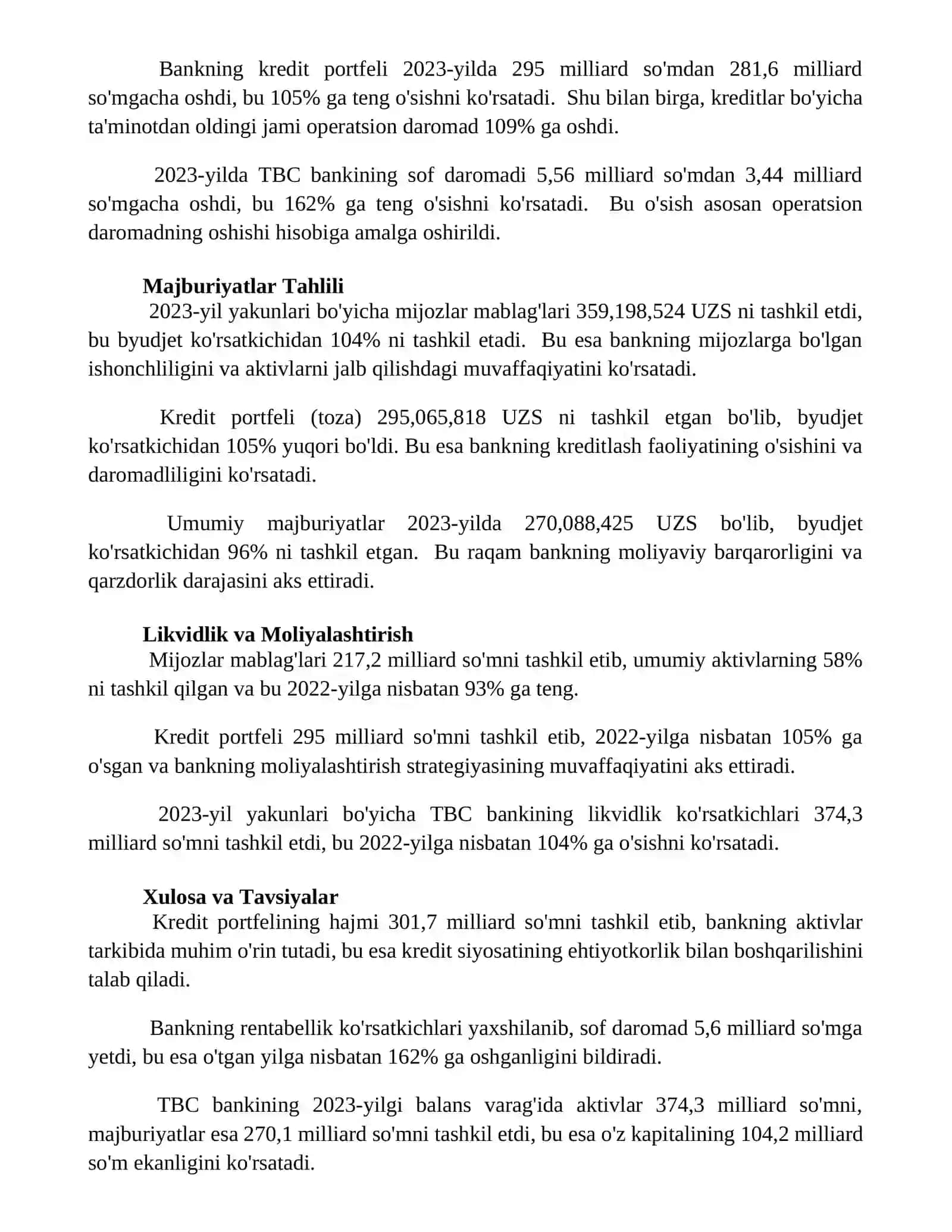 TBC bank balansining eng so'ngi tahlili Safarboyev Quvondiq 2