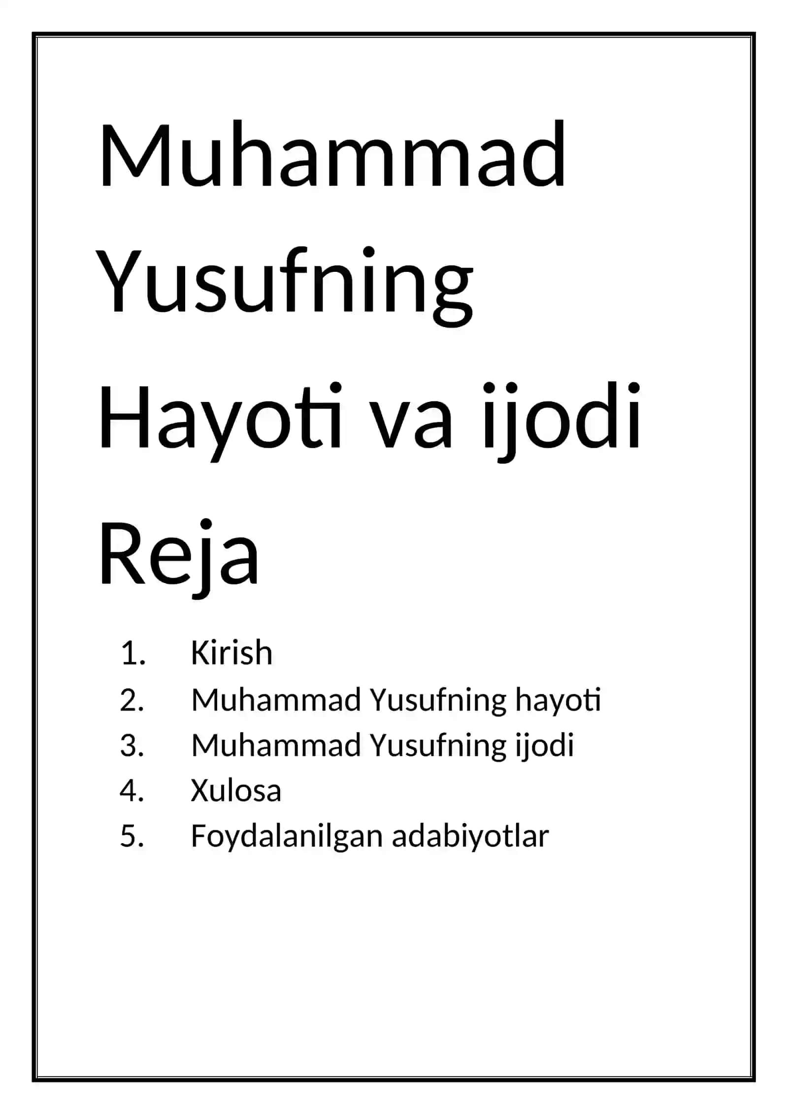 Muhammad Yusufning Hayoti va Ijodi Rejasi 2