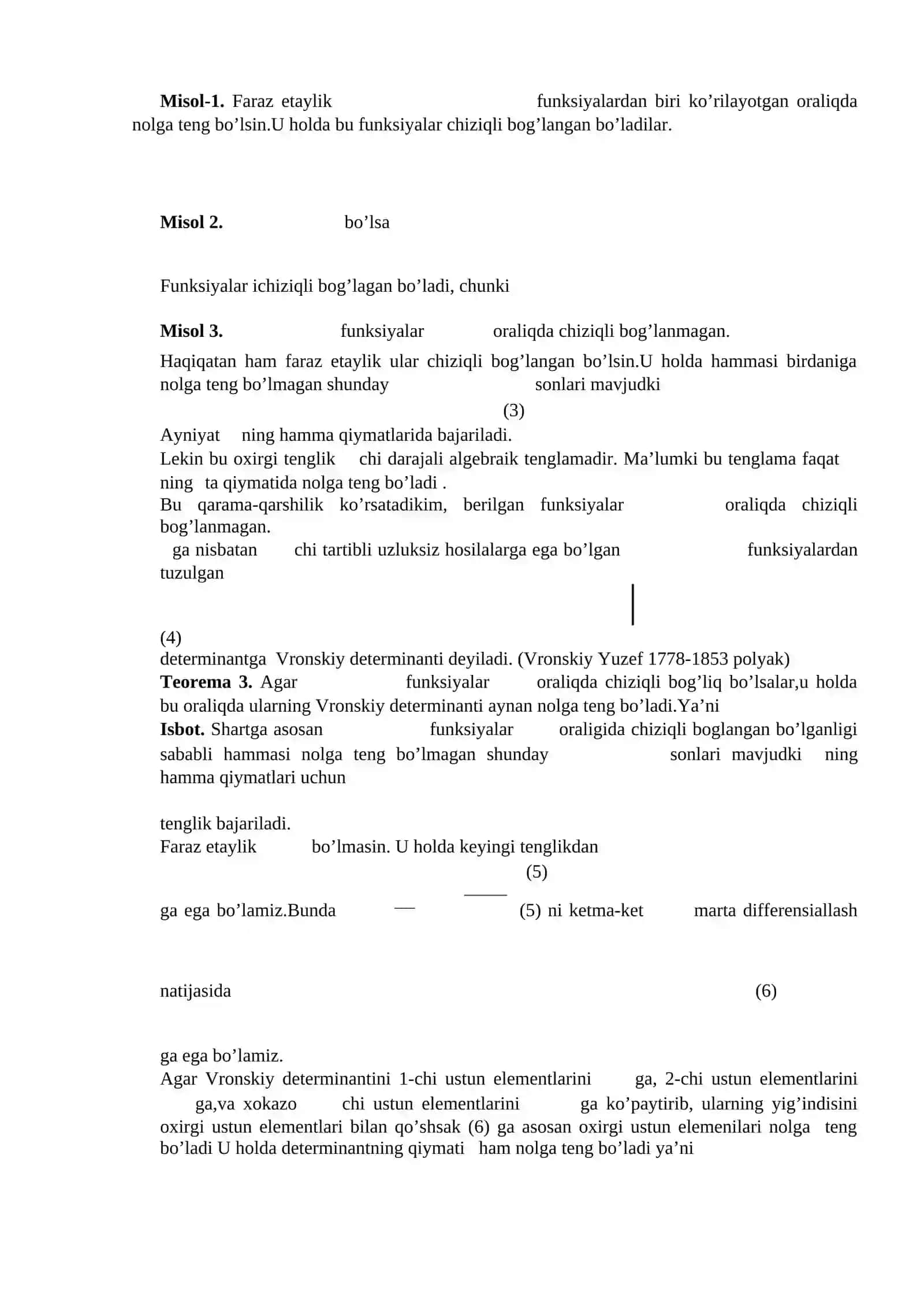 n- tartibli bir jinsli chiziqli differensial tenglama. Yechimning xossalari. Vronskiy determinant va uning xossalari 2