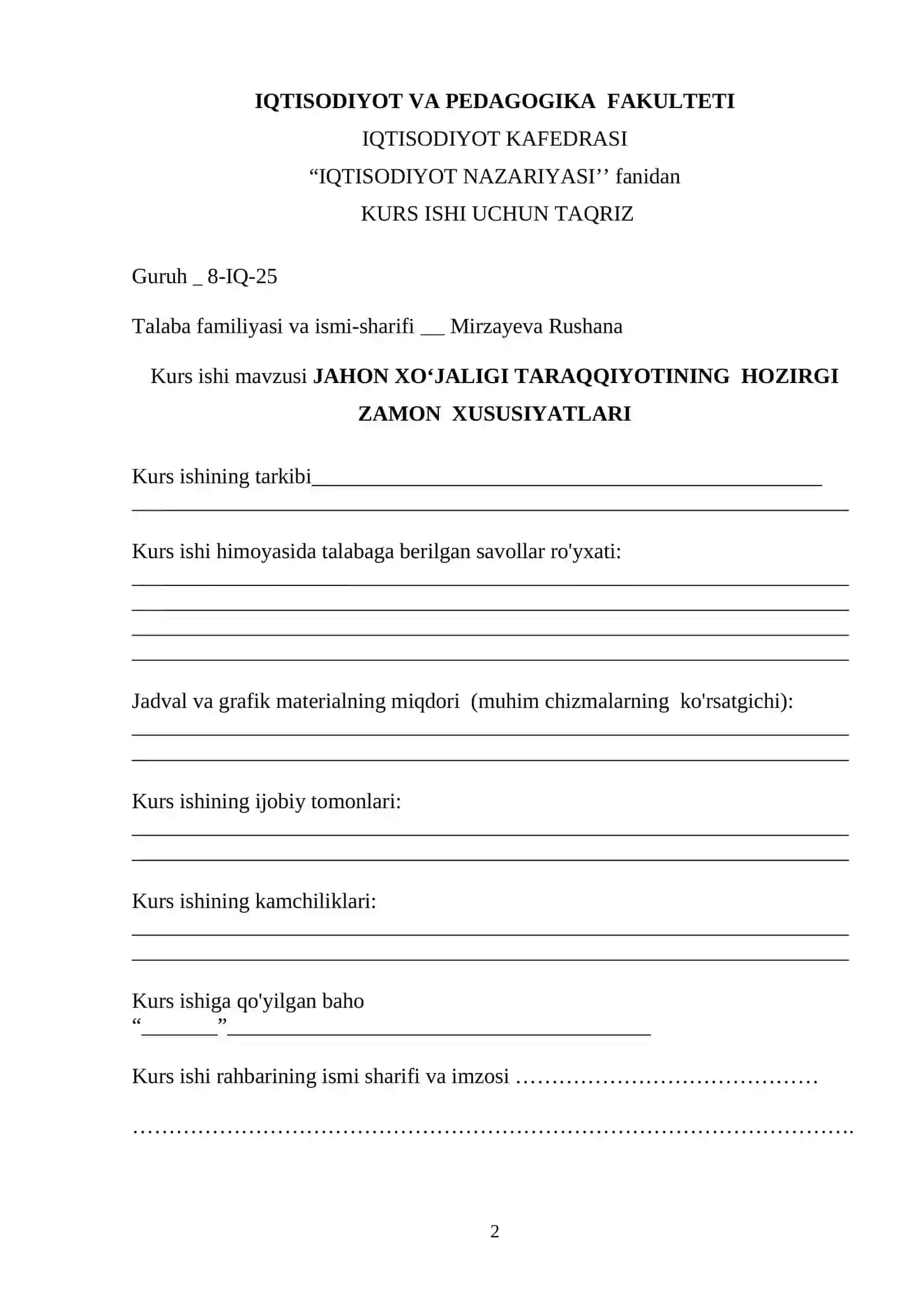 JAHON XOʻJALIGI TARAQQIYOTINING HOZIRGI ZAMON XUSUSIYATLARI 2