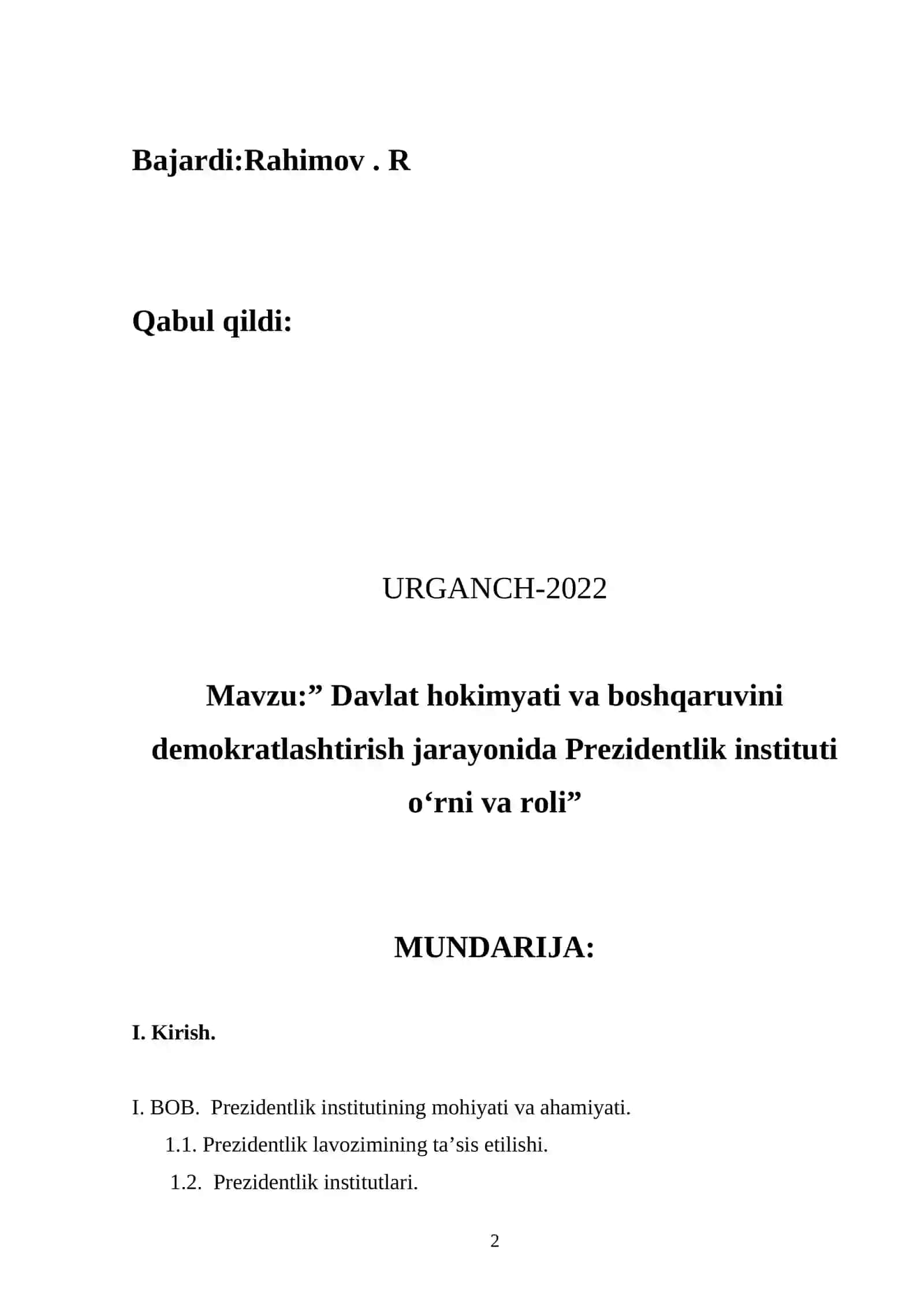 Davlat hokimyati va boshqaruvini demokratlashtirish jarayonida Prezidentlik instituti o‘rni va roli 2