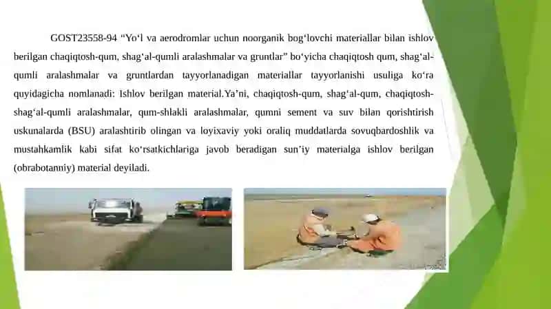 Yo'lvaaerodromlar uchun organik bog'lovchi materiallar bilan ishlovberilgan materiallar 2