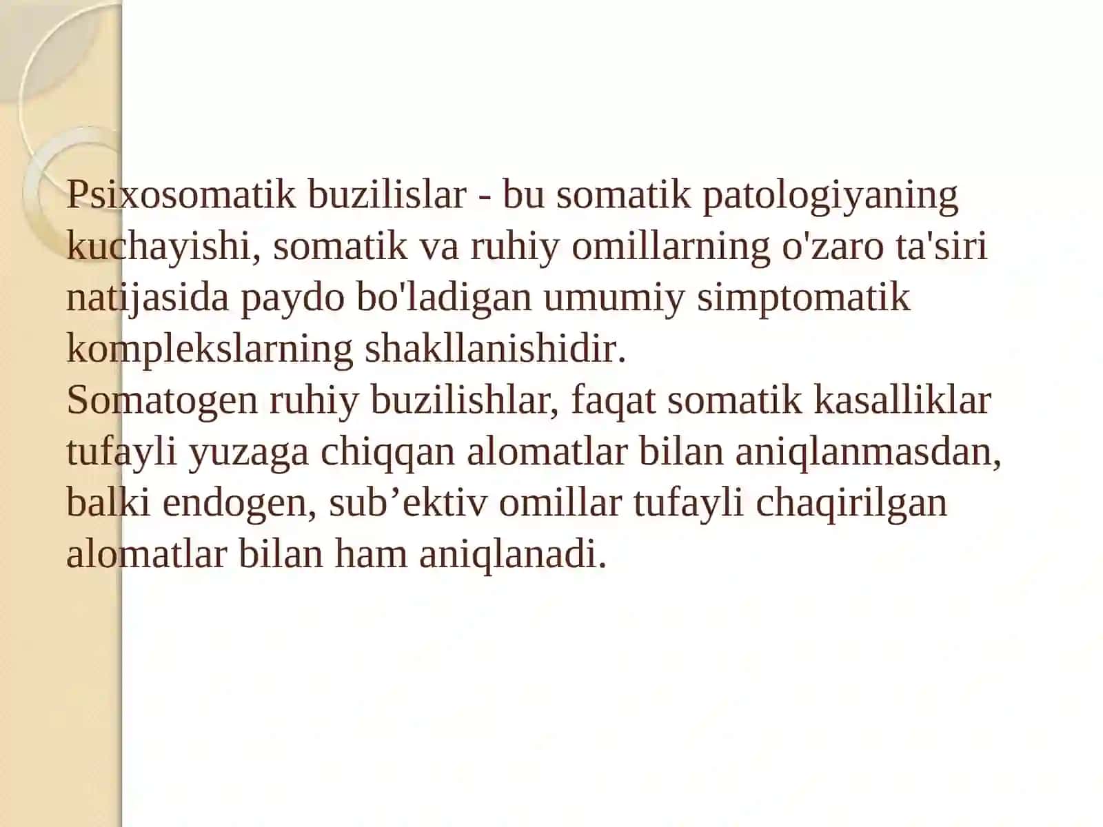 Ma'ruza: Psixosomatik tibbiyot asoslar va metodologiyasi 2
