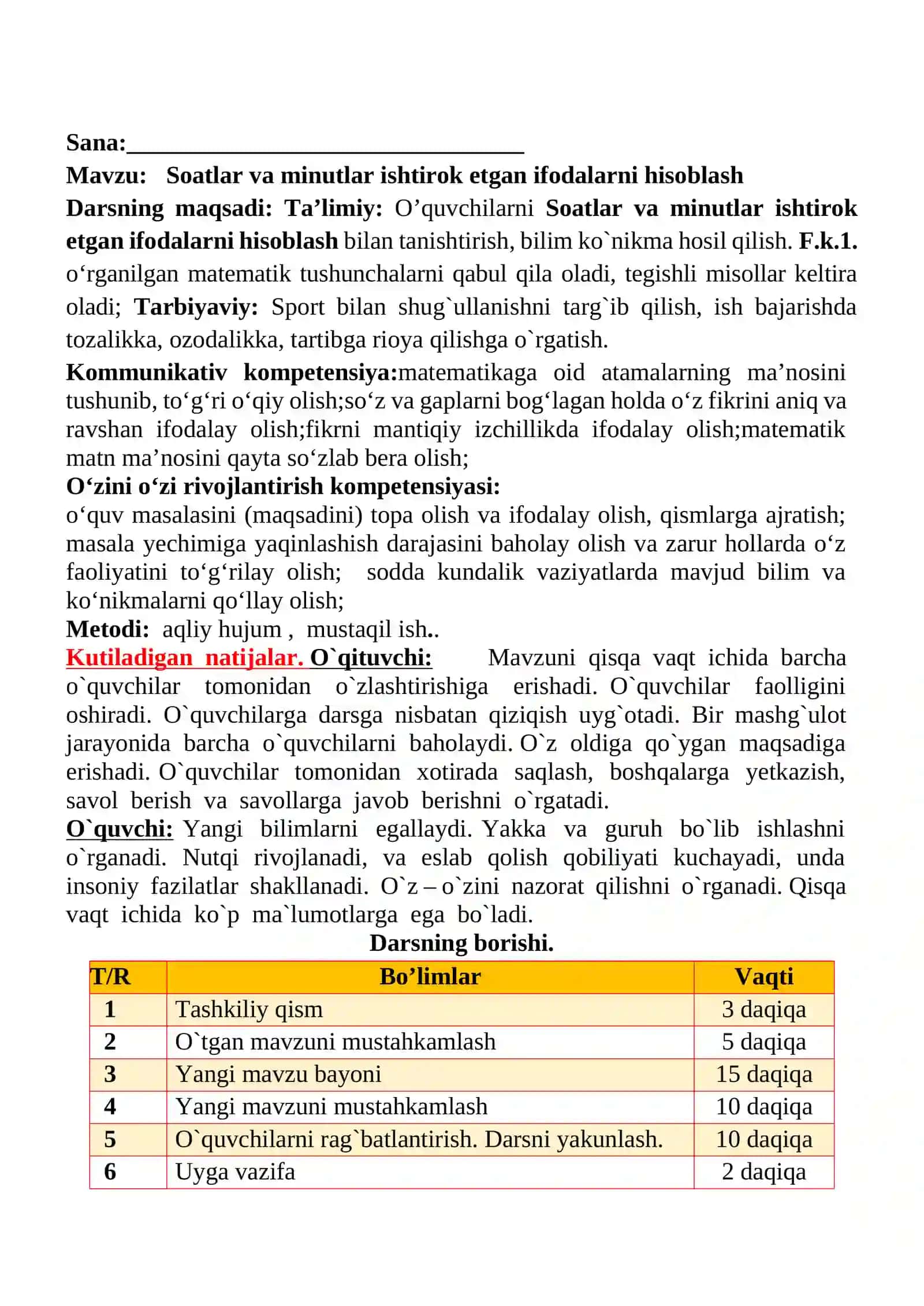 Soatlar va minutlar ishtirok etgan ifodalarni hisoblash mavzusida 2-sinf matematika fanidan dars ishlanmasi 2