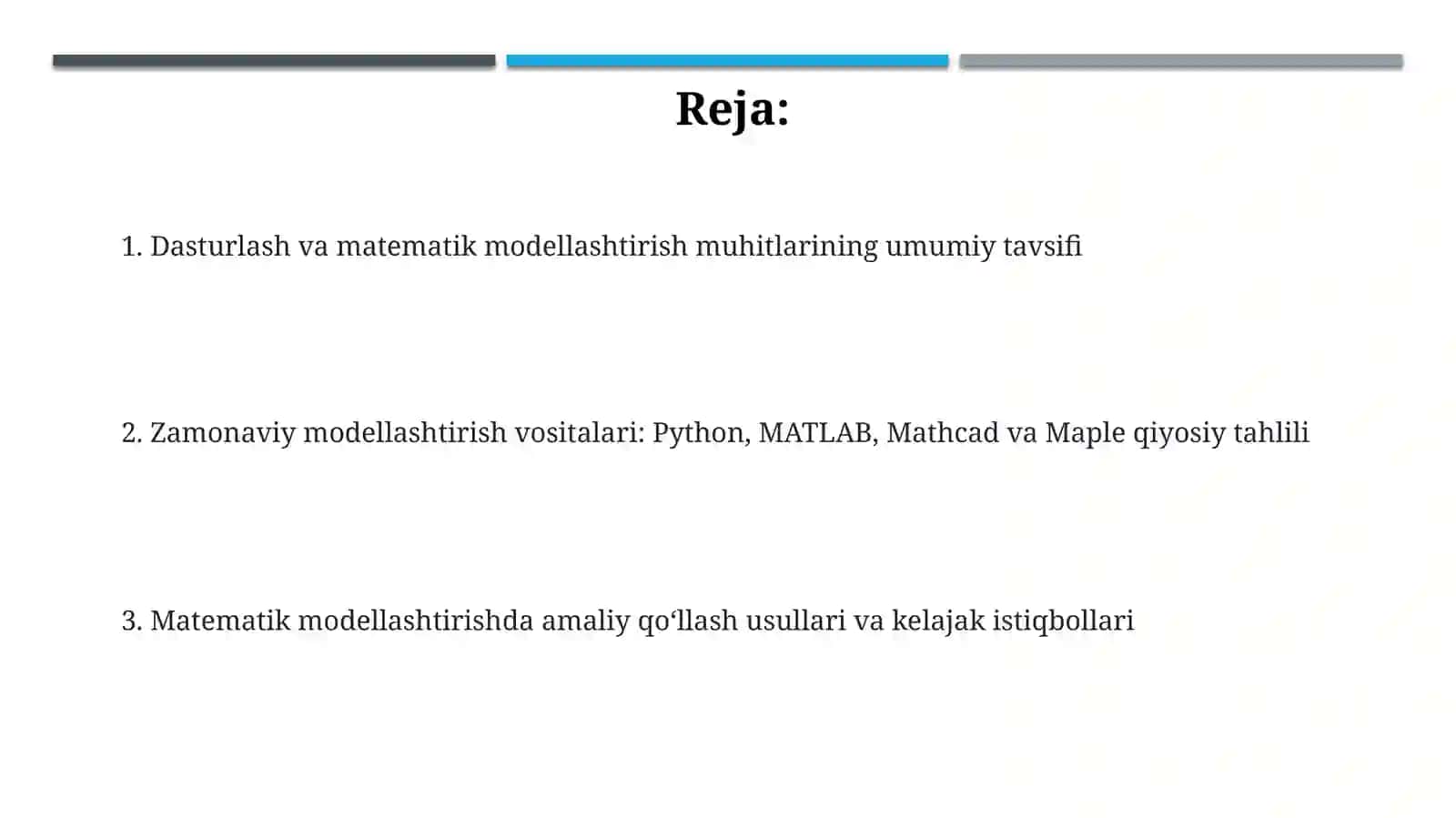 Dasturlash muhitlarida (Python, MATLAB, Mathcad, Maple va boshqalar) modellashtirish 2