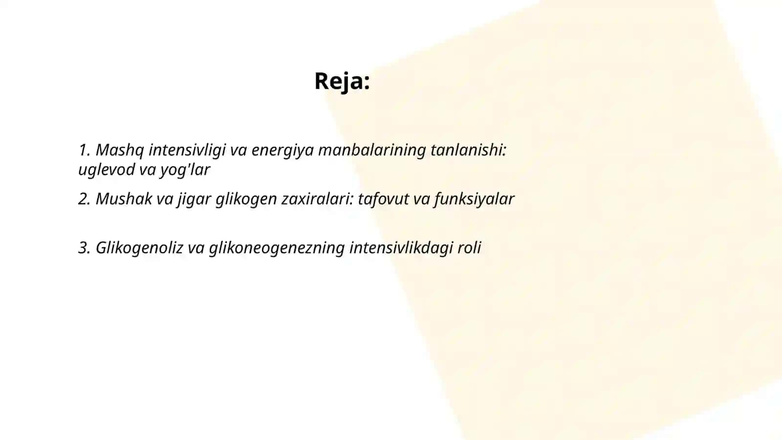 Mashq intensivligi va energiya manbalarining tanlanishi: uglevod va yog'lar 2