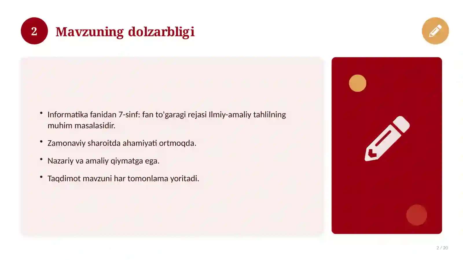 Informatika fanidan 7-sinf: fan to'garagi rejasi 2