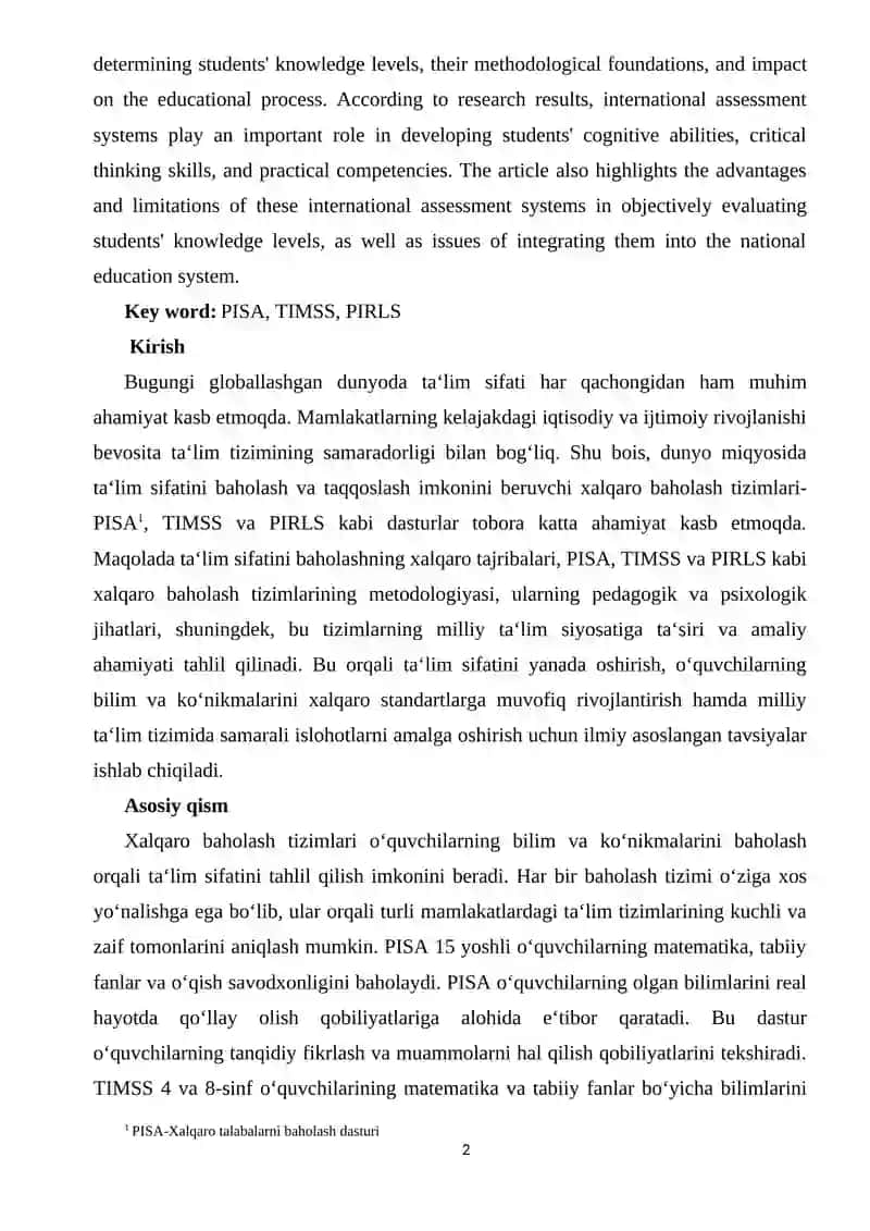 Ta‘lim sifati va xalqaro baholash tizimlari (PISA, TIMSS, PIRLS)ga pedagogik-psixologik yondoshuv 2