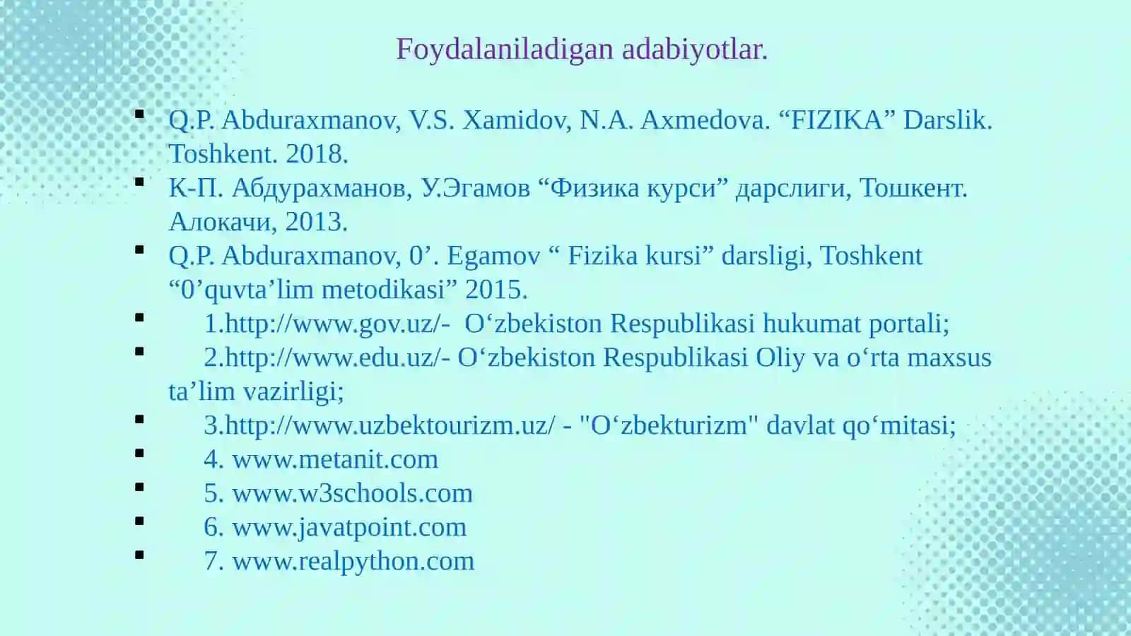 Mexanikada energiyaning saqlanish qonunlari: Mexanik ish va quvvat. Mexanik tizimning kinetik va potentsial energiyasi. Potentsial energiyani kuch bilan bog‘liqligi 2