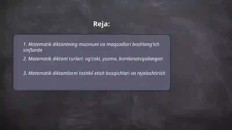Matematika darslarida matematik diktantni tashkil etish va turlari. Boshlangʻinch ta'lim matematika darslarida foydalaniladigan boshqotirmaga oid darsliklarning tahlili 2