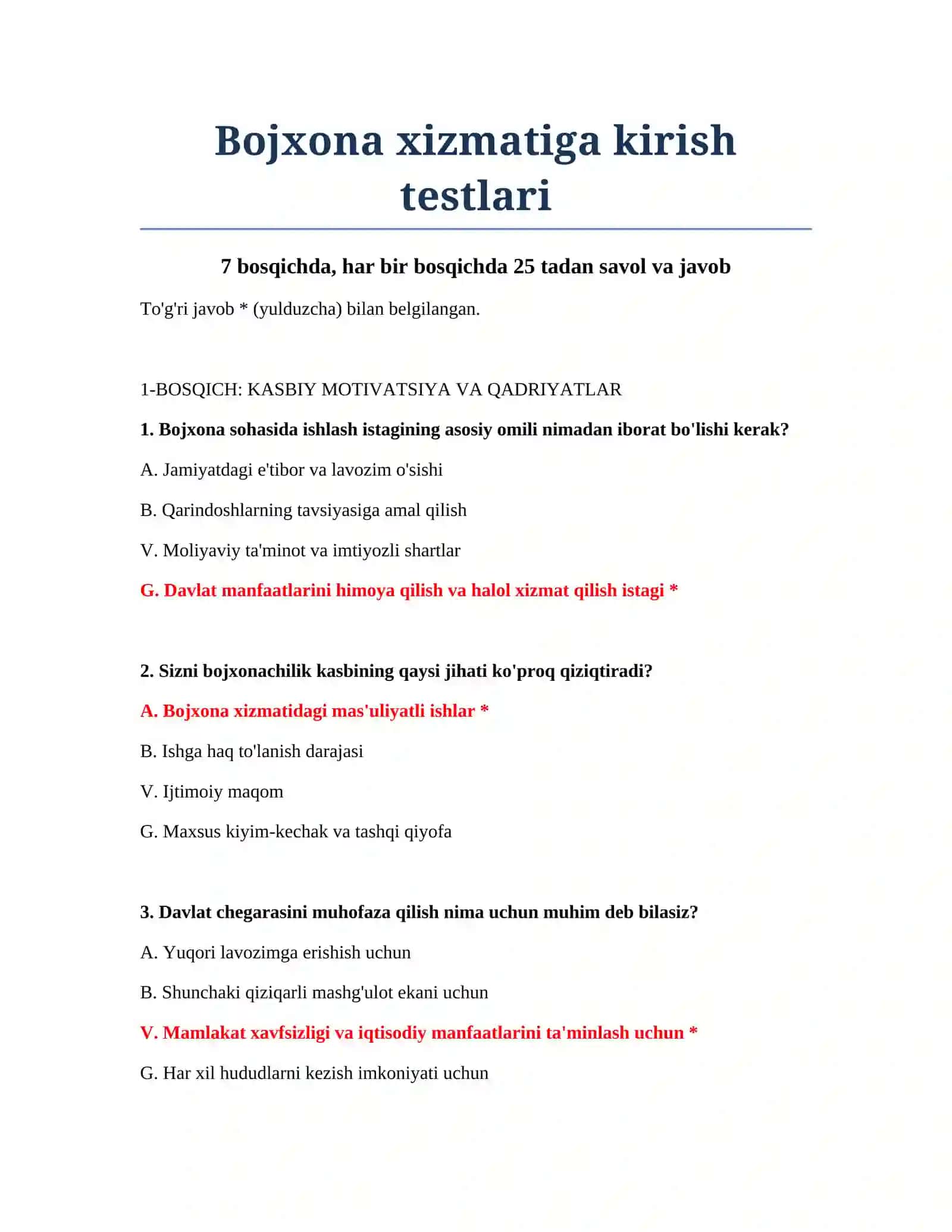 Bojxona xizmatiga kirish testlari 2