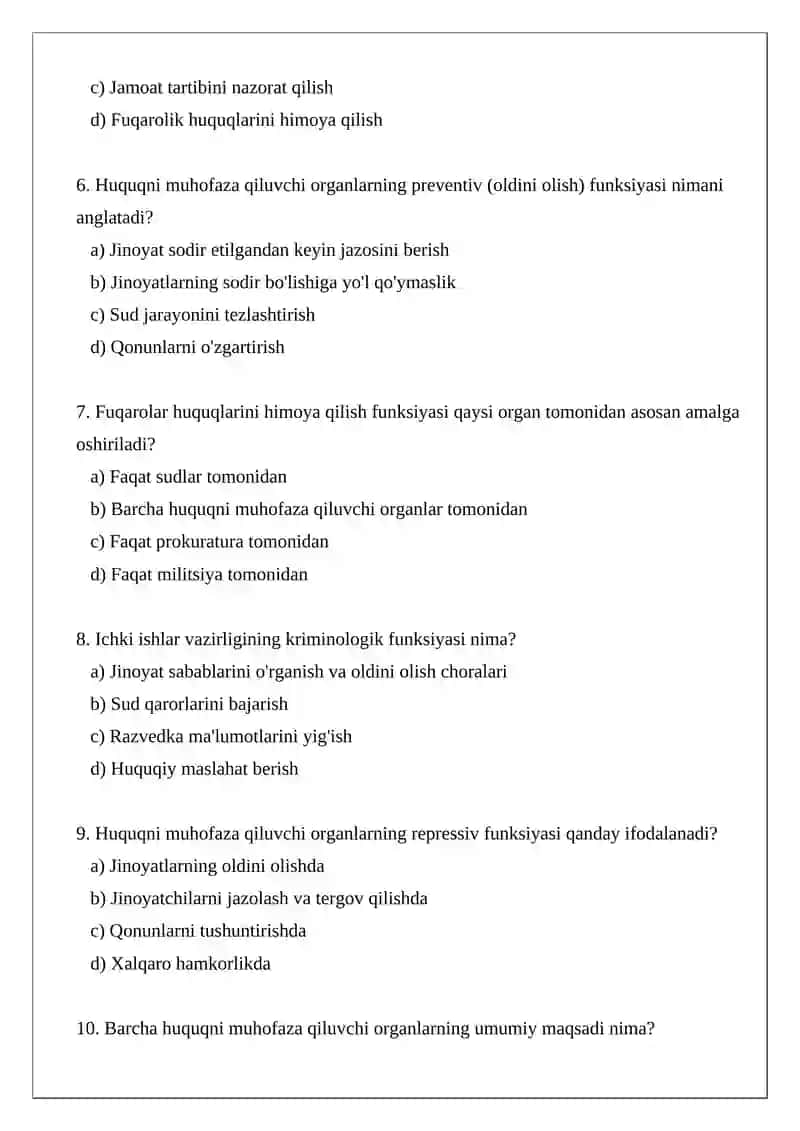 Huquqni muhofaza qiluvchi organlarning asosiy funksiyalari bo'yicha TEST. 2