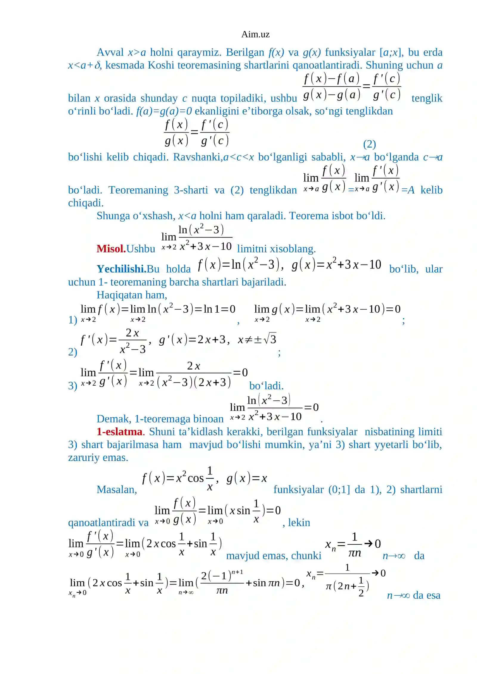 Matematik analiz fanidan mustaqil ish 2