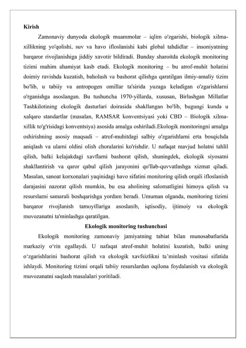 Ekologik monitoring tushunchasi, amalga oshirishdan maqsad va uning turlari 2
