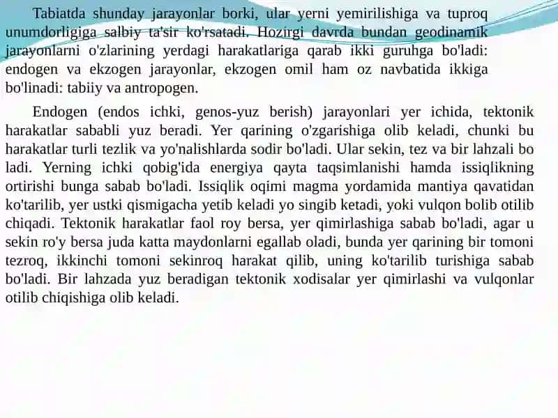 Tuproqning yemirilishiga va unumdorligiga salbiy ta'sir etuvchi tabiiy jarayonlar 2