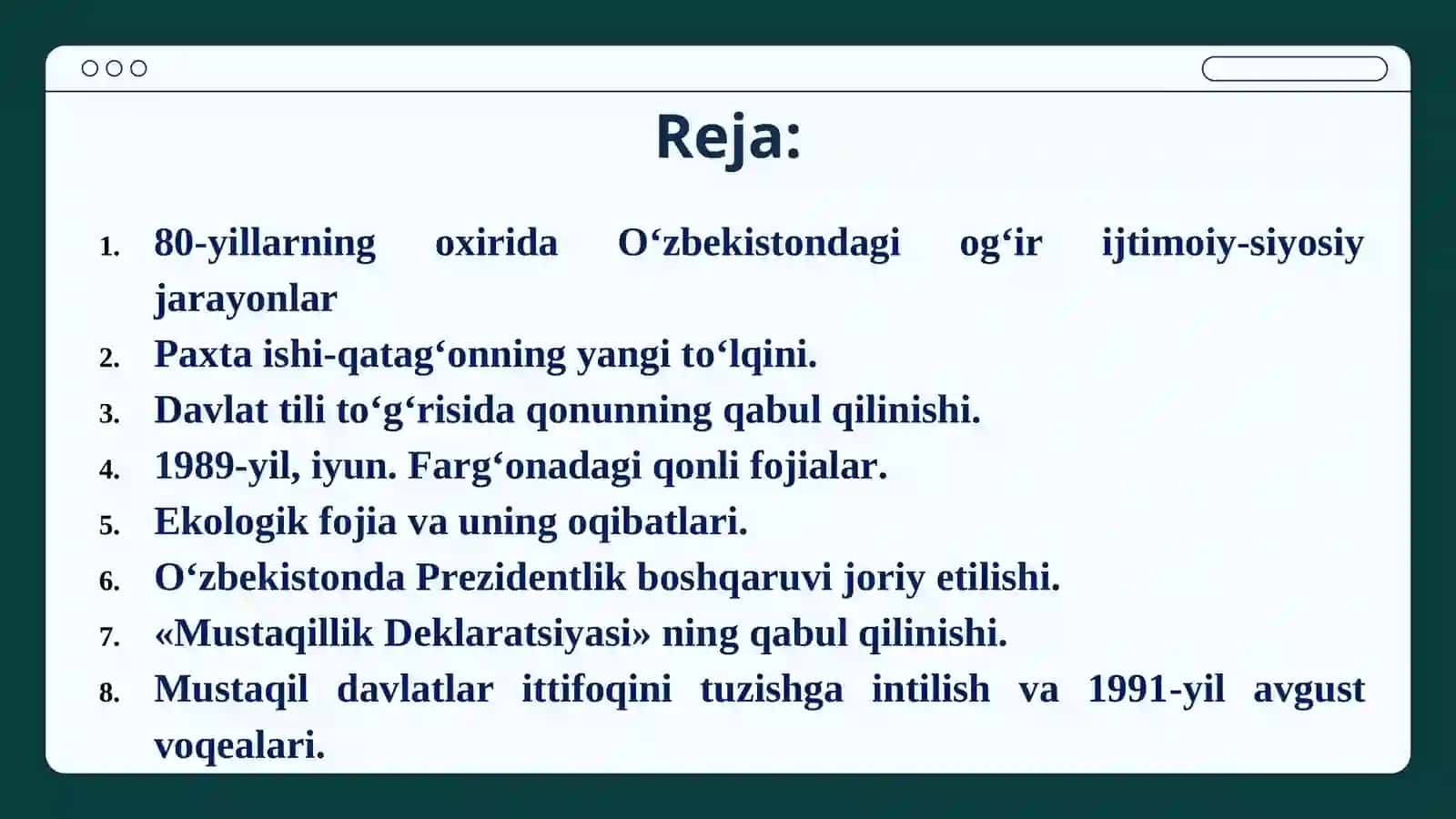 80-yillarning oxirida Оʻzbekistondagi ogʻir ijtimoiy-siyosiy jarayonlar 2