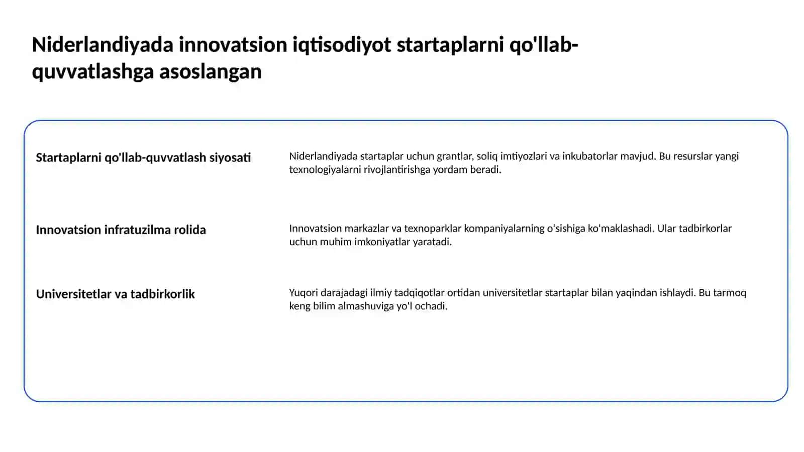 Innovatsion iqtisodiyot bõyicha Niderlandiya haqida 2