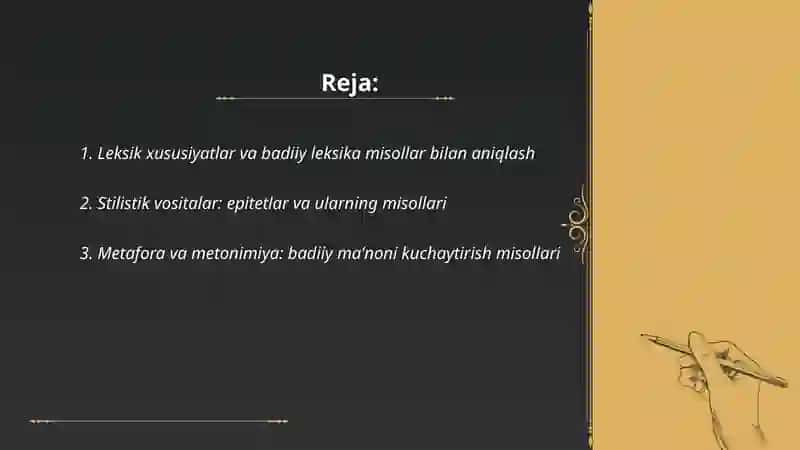 Badiiy asar tiliga xos xususiyatlarni misollar bilan aniqlashtirish 2