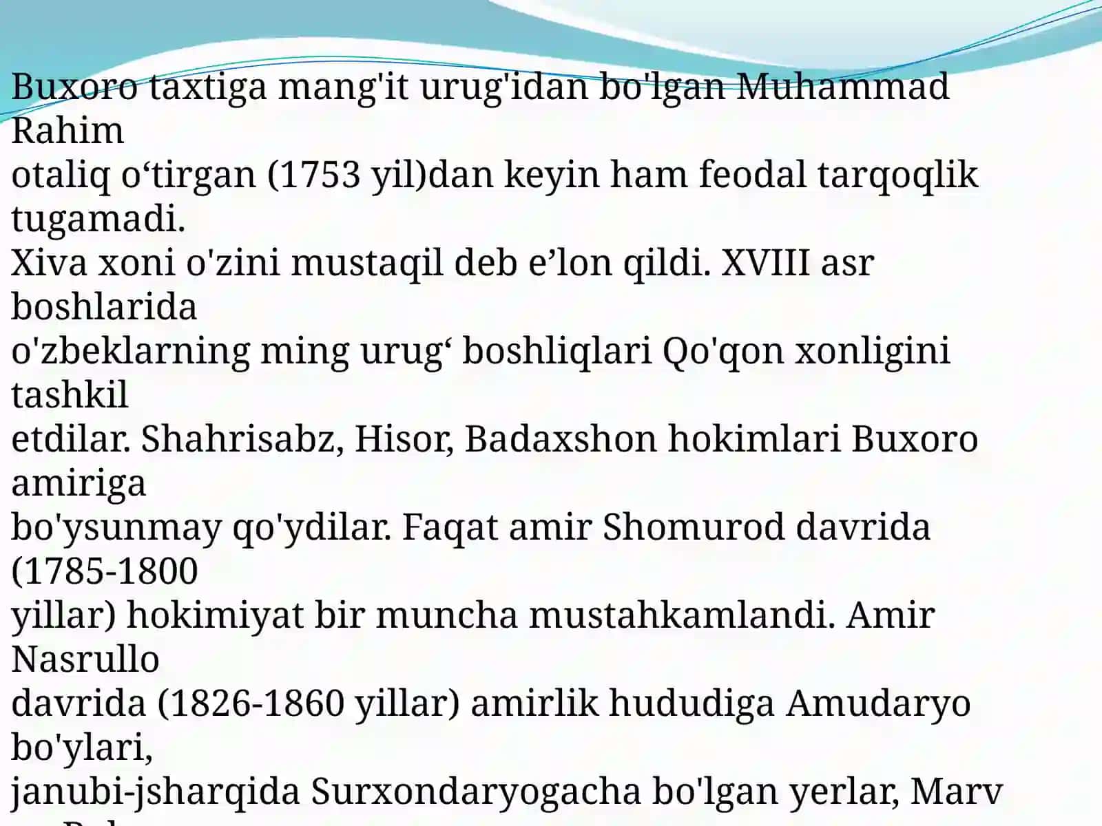 O‘RTA OSIYO XONLIKLARINING XVIIIASR IKKINCHI YARMI-XIX ASR BIRINCHIYARMIDAGI TARIXIY GEOGRAFIYASI 2