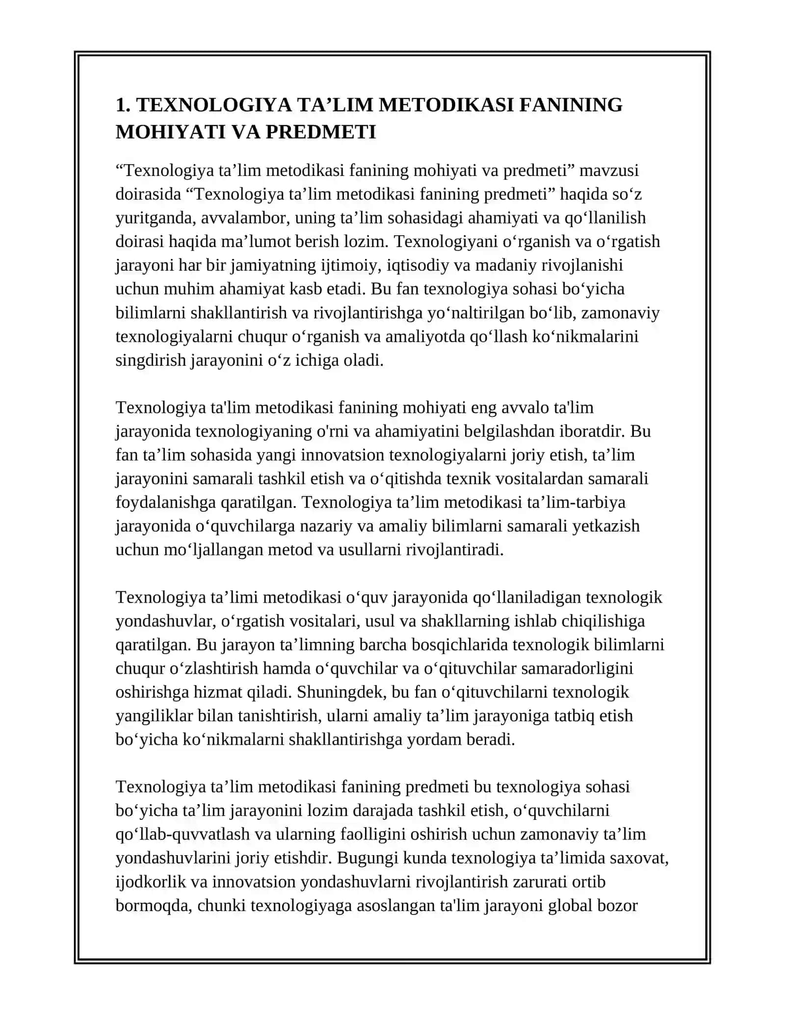 TEXNOLOGIYA TAʼLIM METODIKASI FANINING PREDMETI 2
