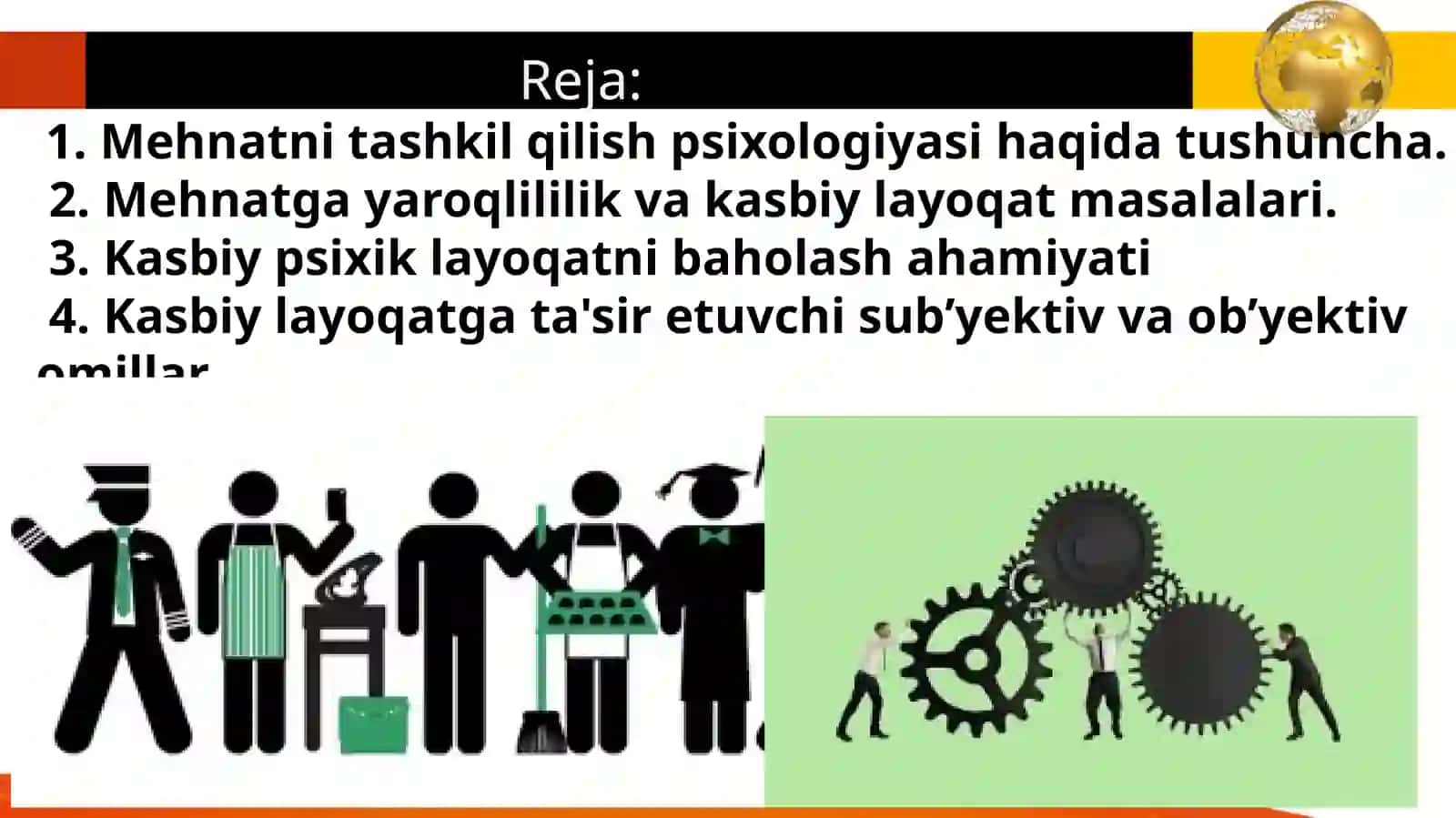 «MEHNAT VA MUHANDISLIK PSOLOGIYASI» fanidan tayyorlagan taqdimoti 2