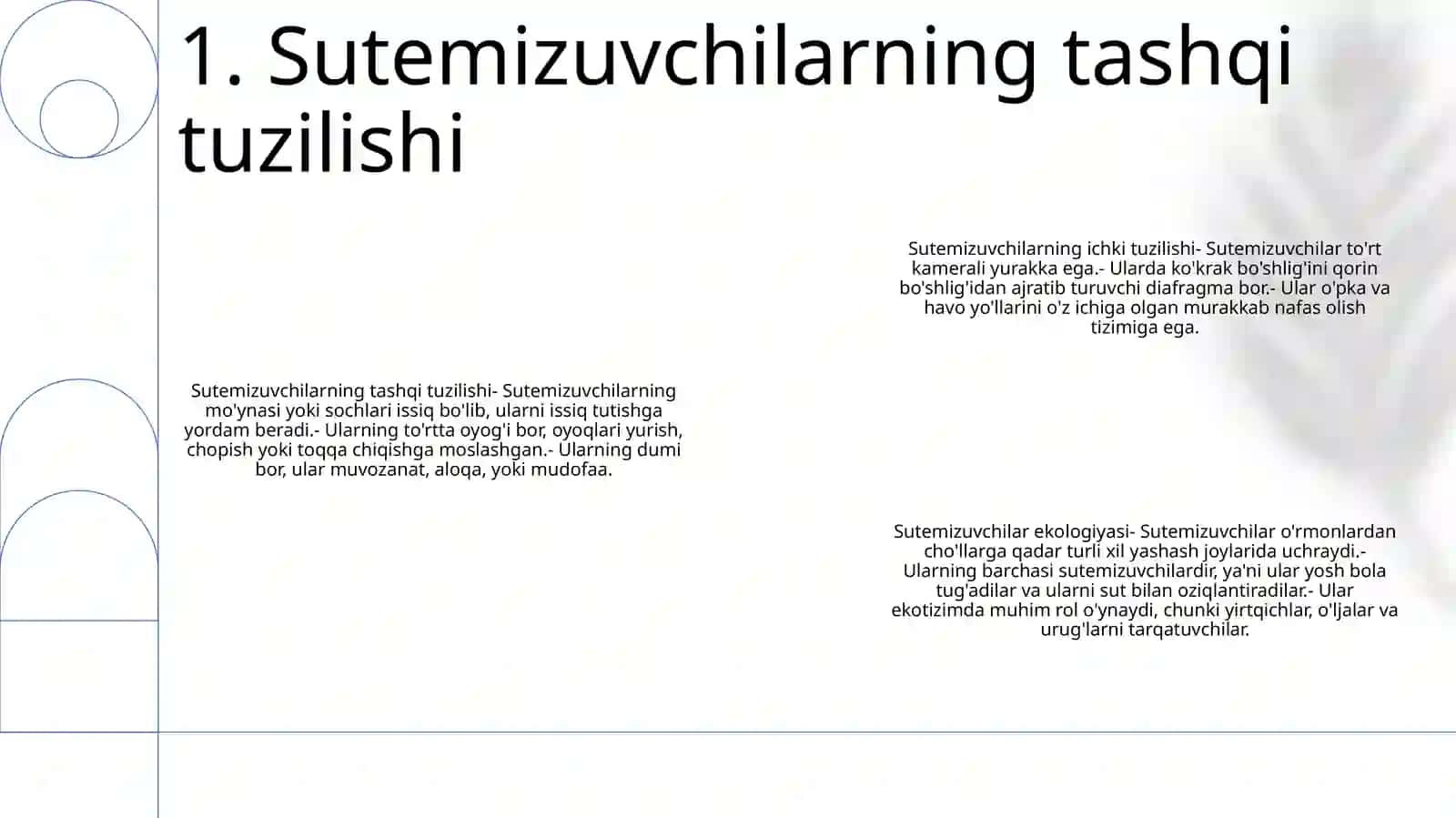 Sutemizuvchilarning Tashqi Va Ichki Tuzilishi. Sutemizuvchilar Ekologiyasi 2