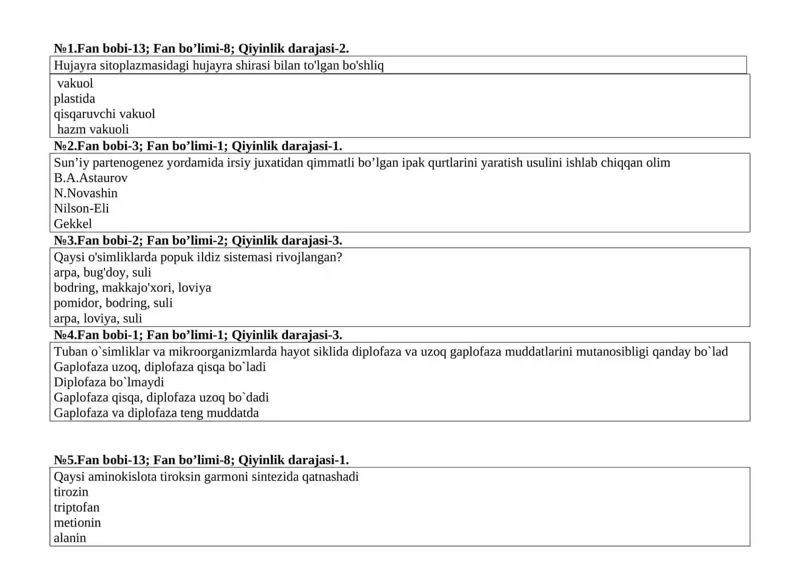 « Biologiyaning konseptual asoslari » FANIDAN TEST SAVOLLARI 2