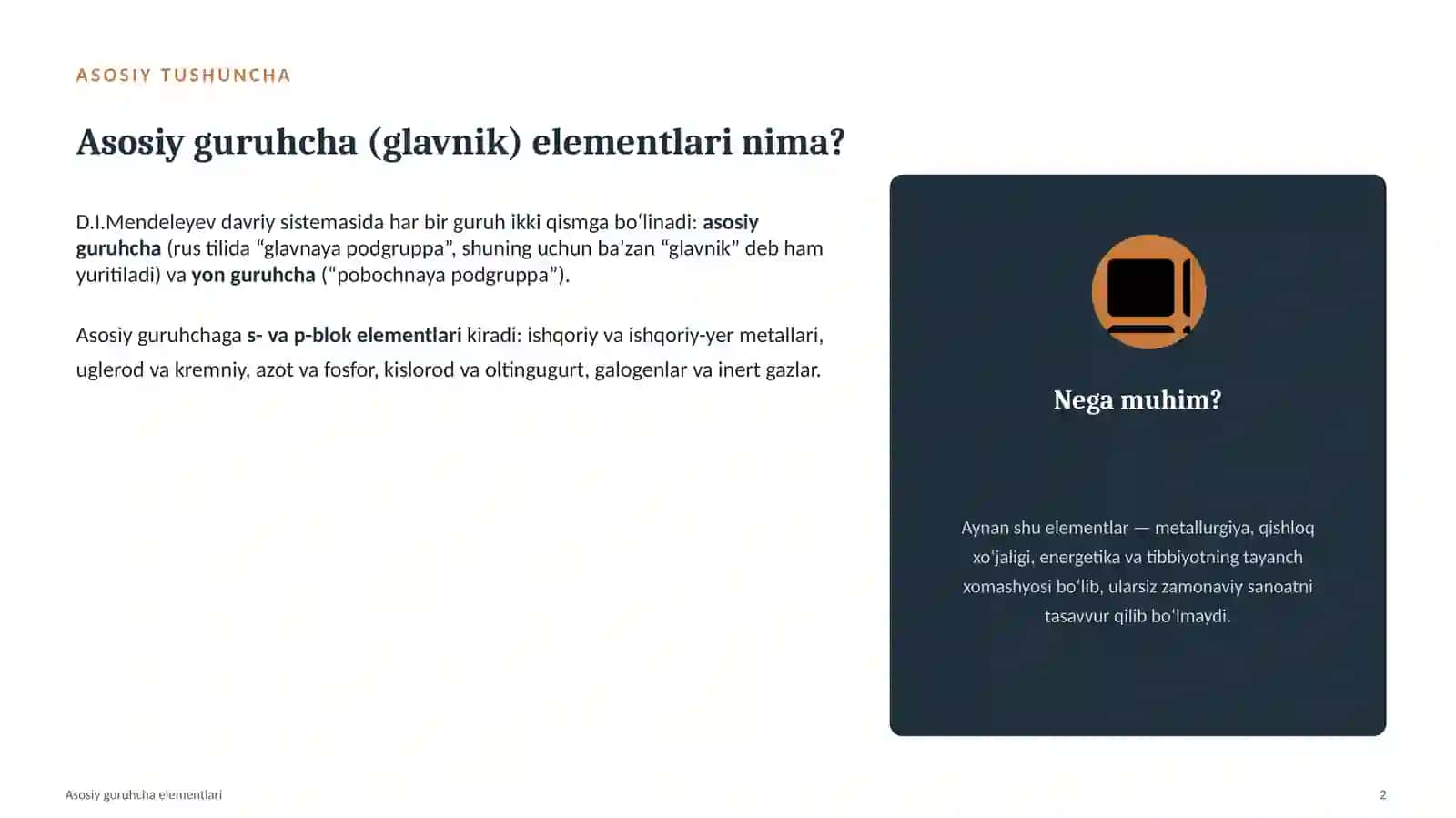 KIMYO · DAVRIY SISTEMA. glavnik elementlarning xalq xoʻjaligidagi roli 2