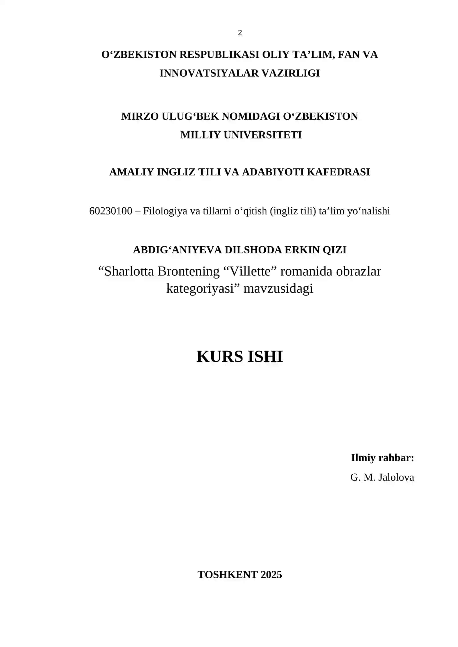 "Sharlotta Brontening “Villette” romanida obrazlar kategoriyasi" mavzusidagi KURS ISHI 2