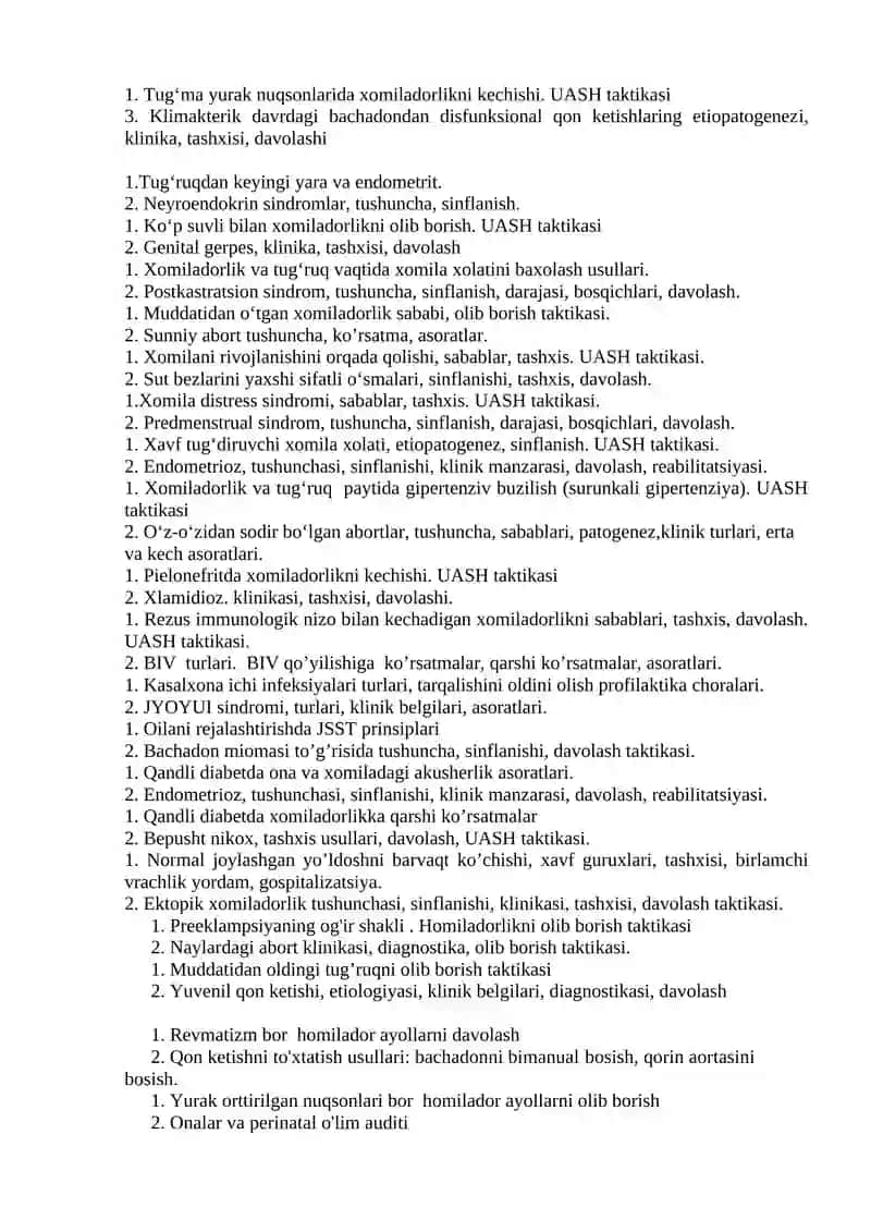Ginikalogiya savollar UZB 2