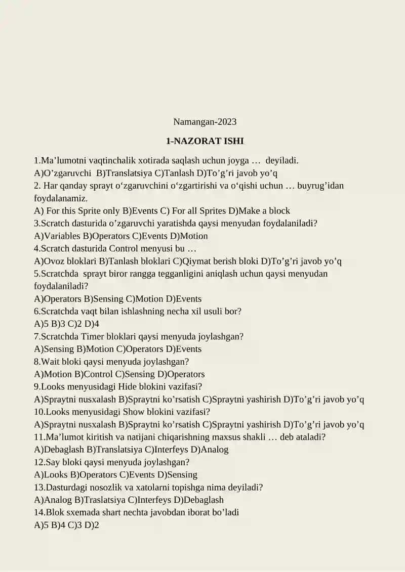 Informatika va axborot texnologiyalari fanidan nazorat ishi daftari 2