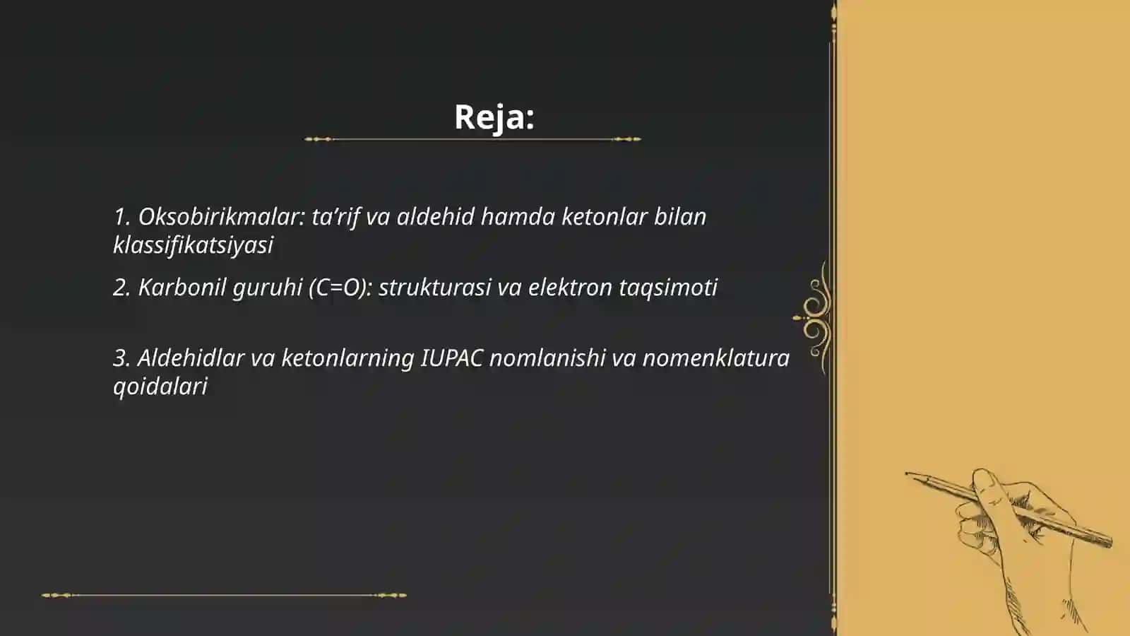 Oksobirikmalar. Aldegid va ketonlar. Umumiy xossalari. Reaksiyalari va qo'llanishi 2