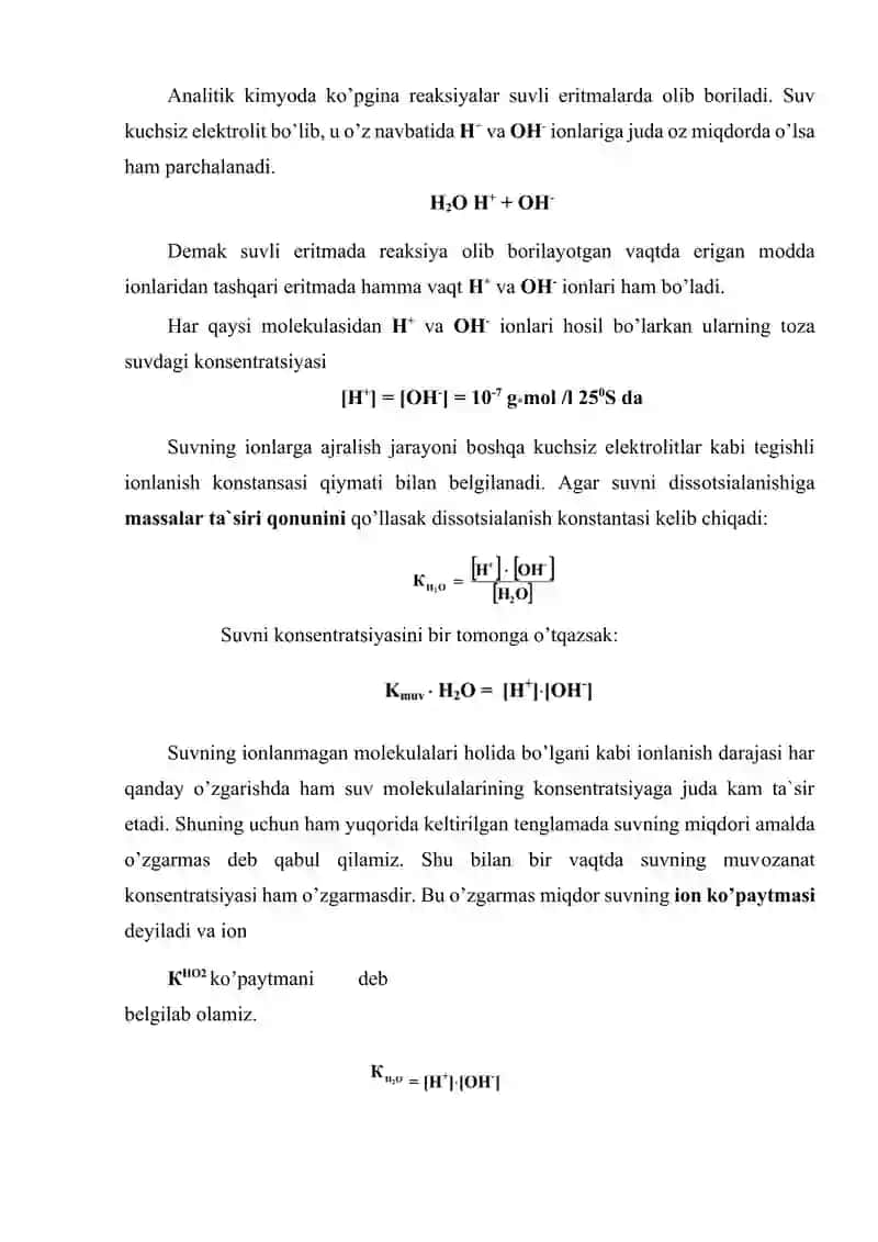 Suvning ion ko‘paytmasi, vodorod ko’rsatkichning ahamiyati. Bufer eritmalar 2