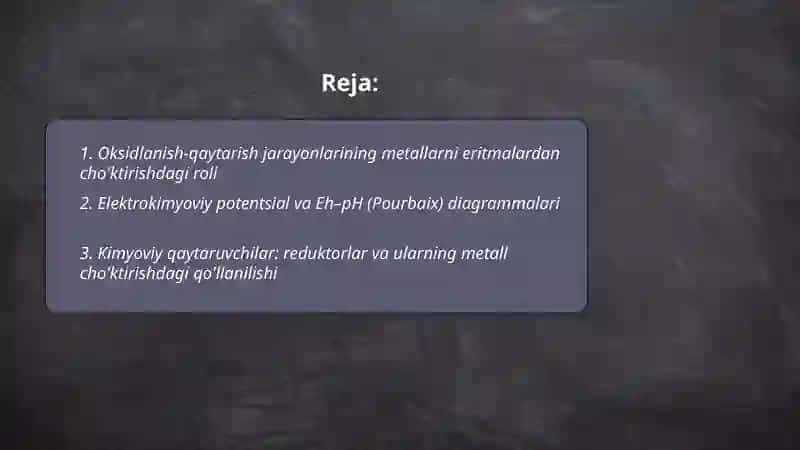 Metallarni eritmalardan cho'ktirishda oksidlanish qaytarish 2