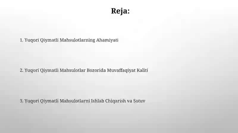 Yuqori Qiymatli Mahsulotlar 2