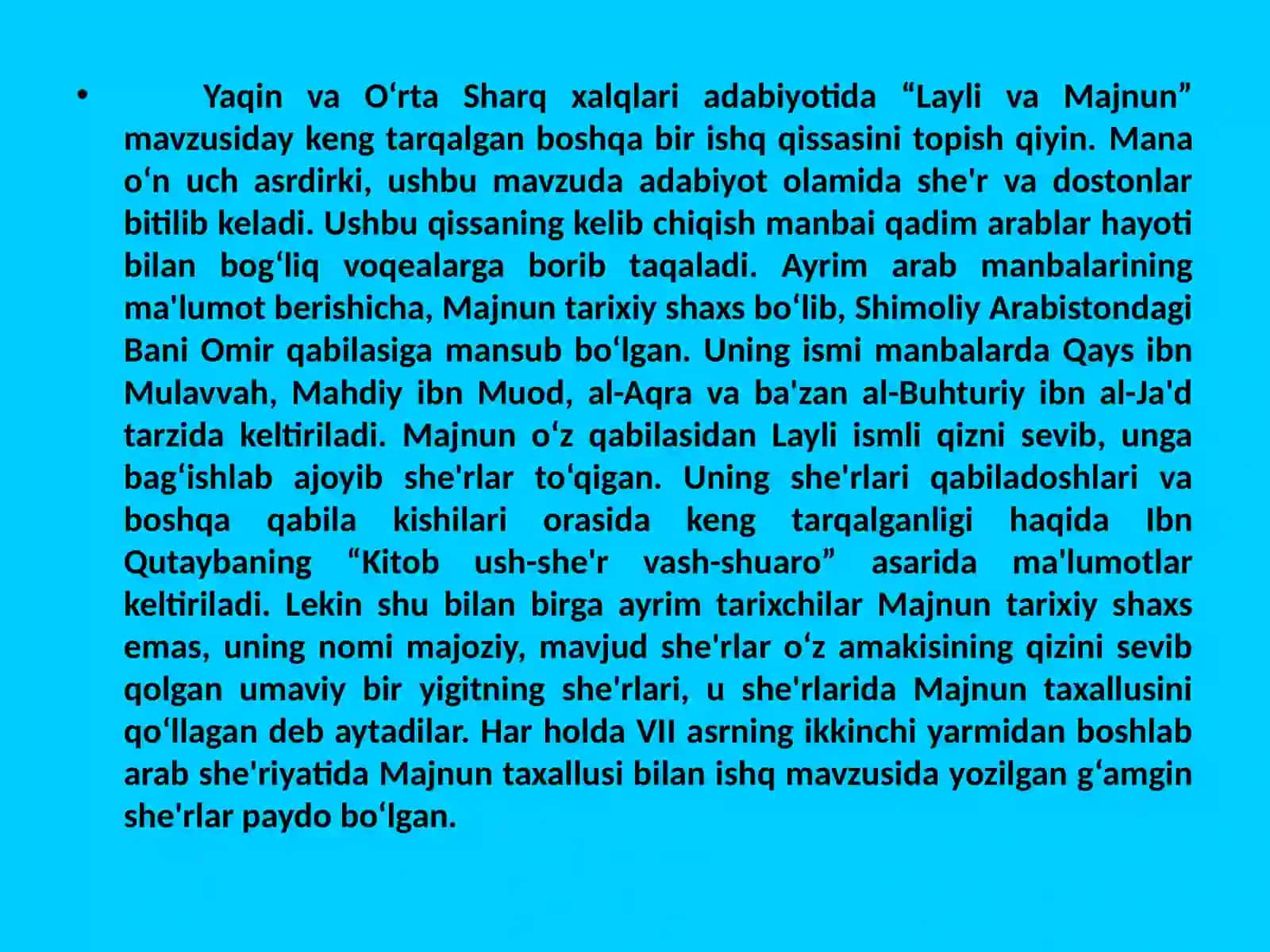 Mavzu:“Layli va Majnun” 2