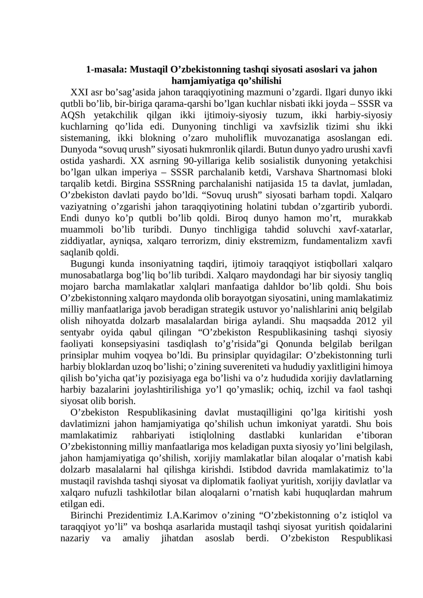 9-Ma’ruza: O’zbekiston va jahon hamjamiyati (2soat) 2