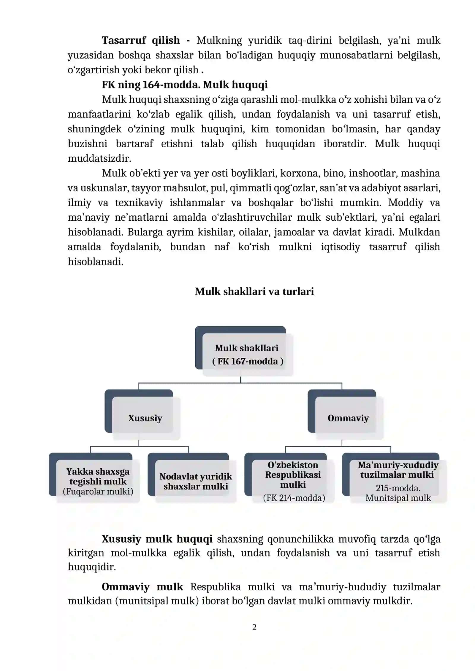 Mulk huquq shaklar, elementlari, mulk huquqi vujudga kelish va bekor bo'lish asoslari 2