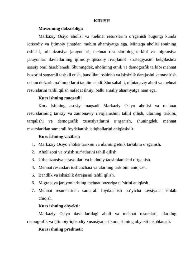 Markaziy Osiyo aholisi va mehnat resurslari 2
