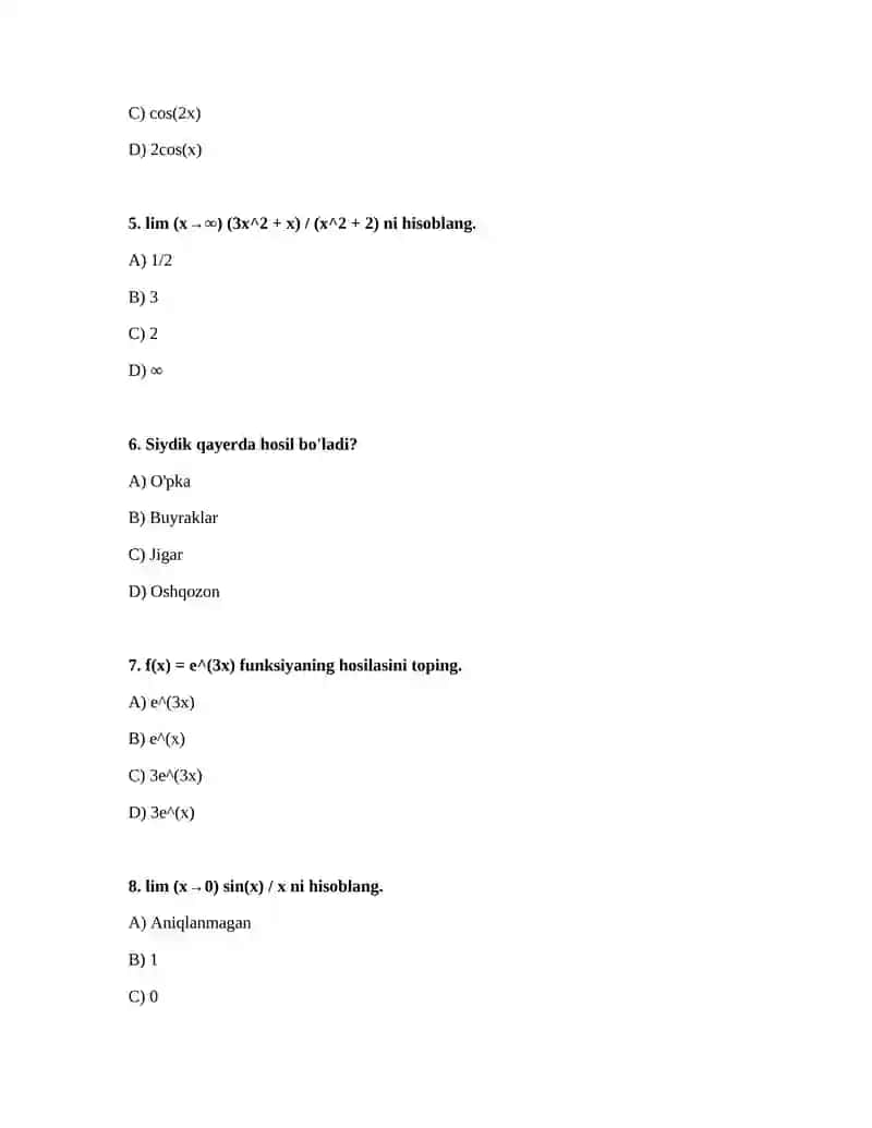 Hosila,limit,urinary mavzusida 20 talik test 2