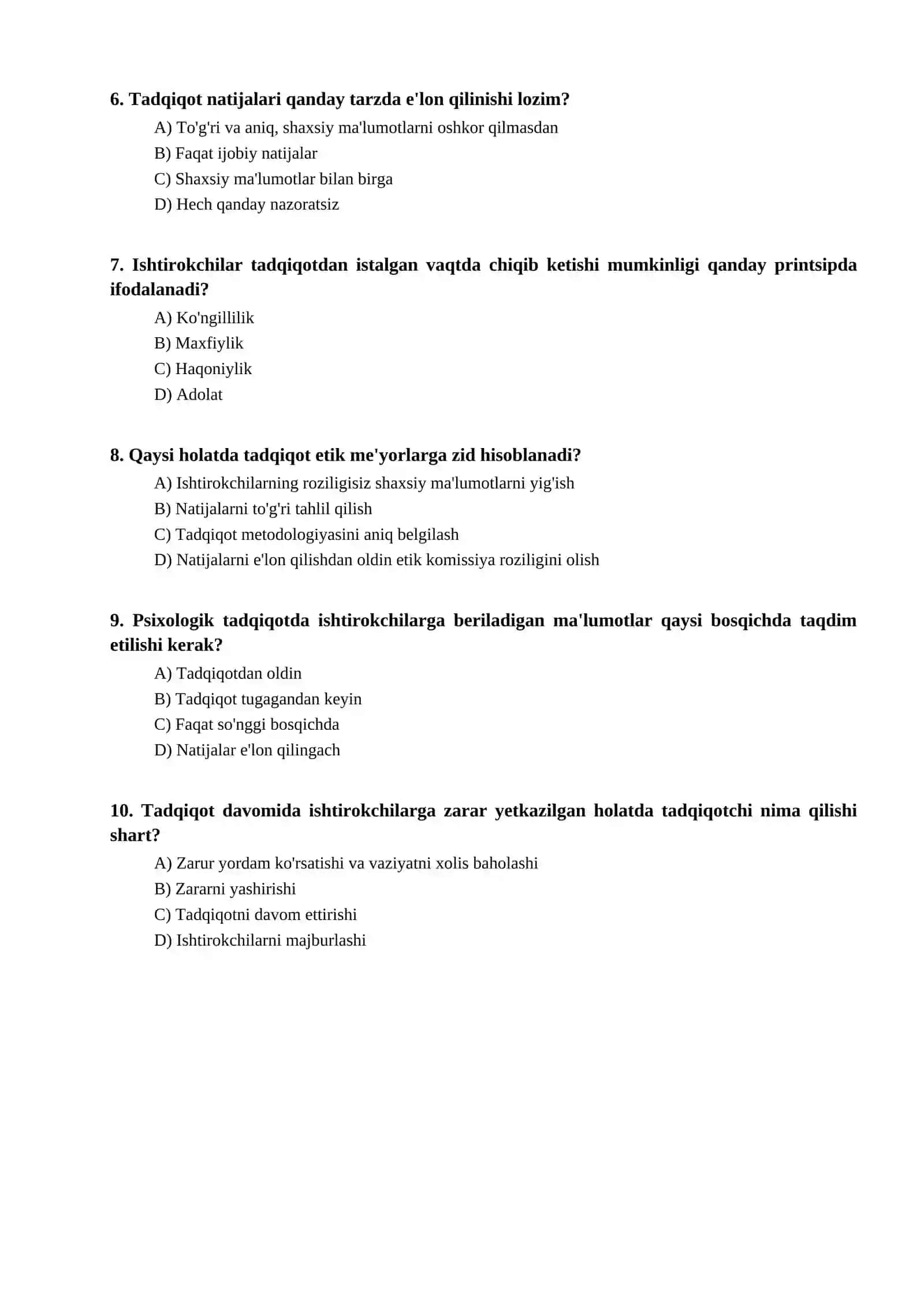 Psixologik tadqiqotlarni o'tkazish etikasi bo'yicha test 2